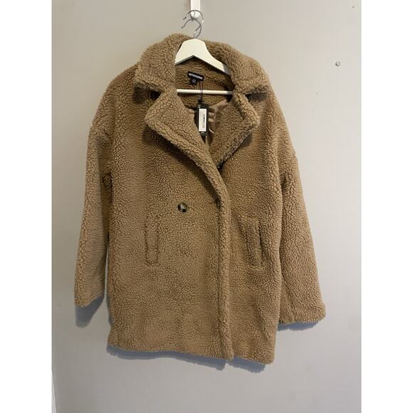 Pretty Little Thing Camel Borg Lapel Teddy Coat Drop Arm UK 4 /US 0 NWT - Picture 1 of 11